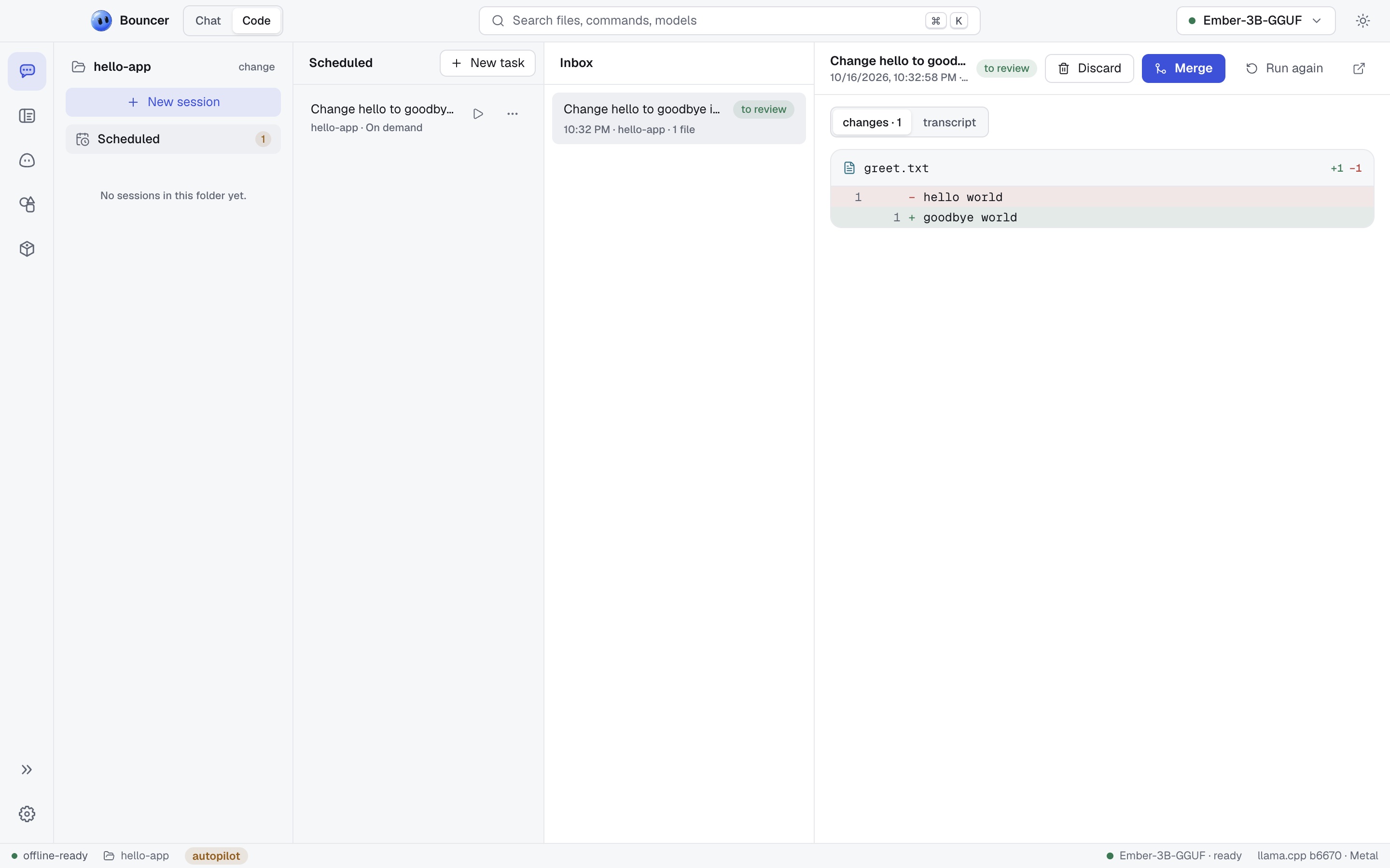 Scheduled coding tasks: a finished run in the inbox, with its change and the merge and discard buttons