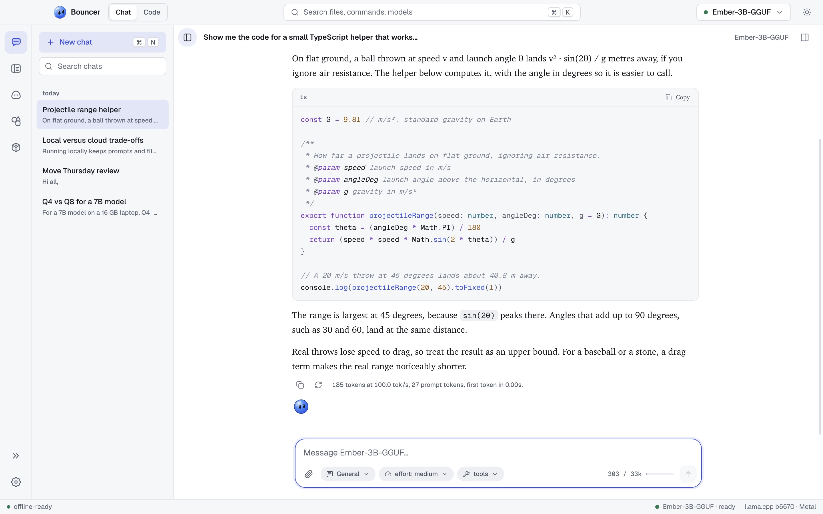 Bouncer Chat with a finished reply: a TypeScript code block, and the Bouncer orb under the reply