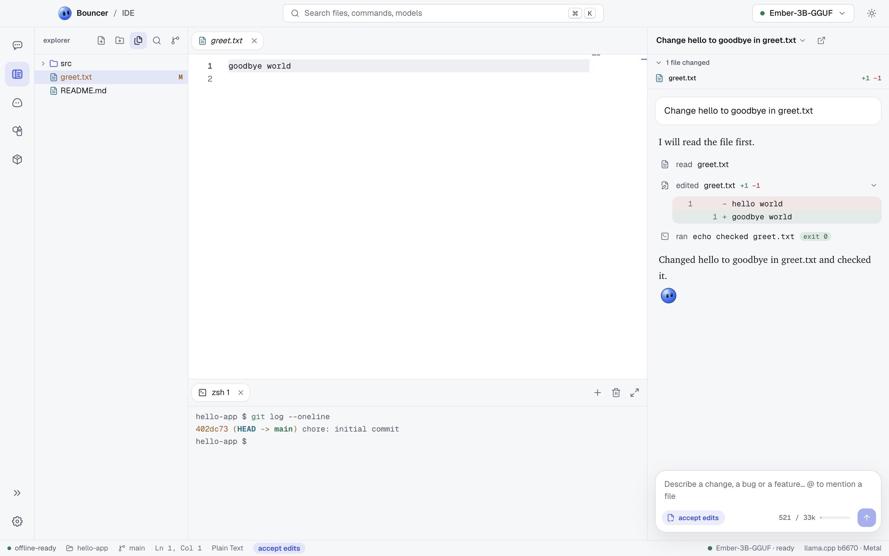 Bouncer IDE with the explorer, an open file, the terminal and Bouncer Code docked on the right