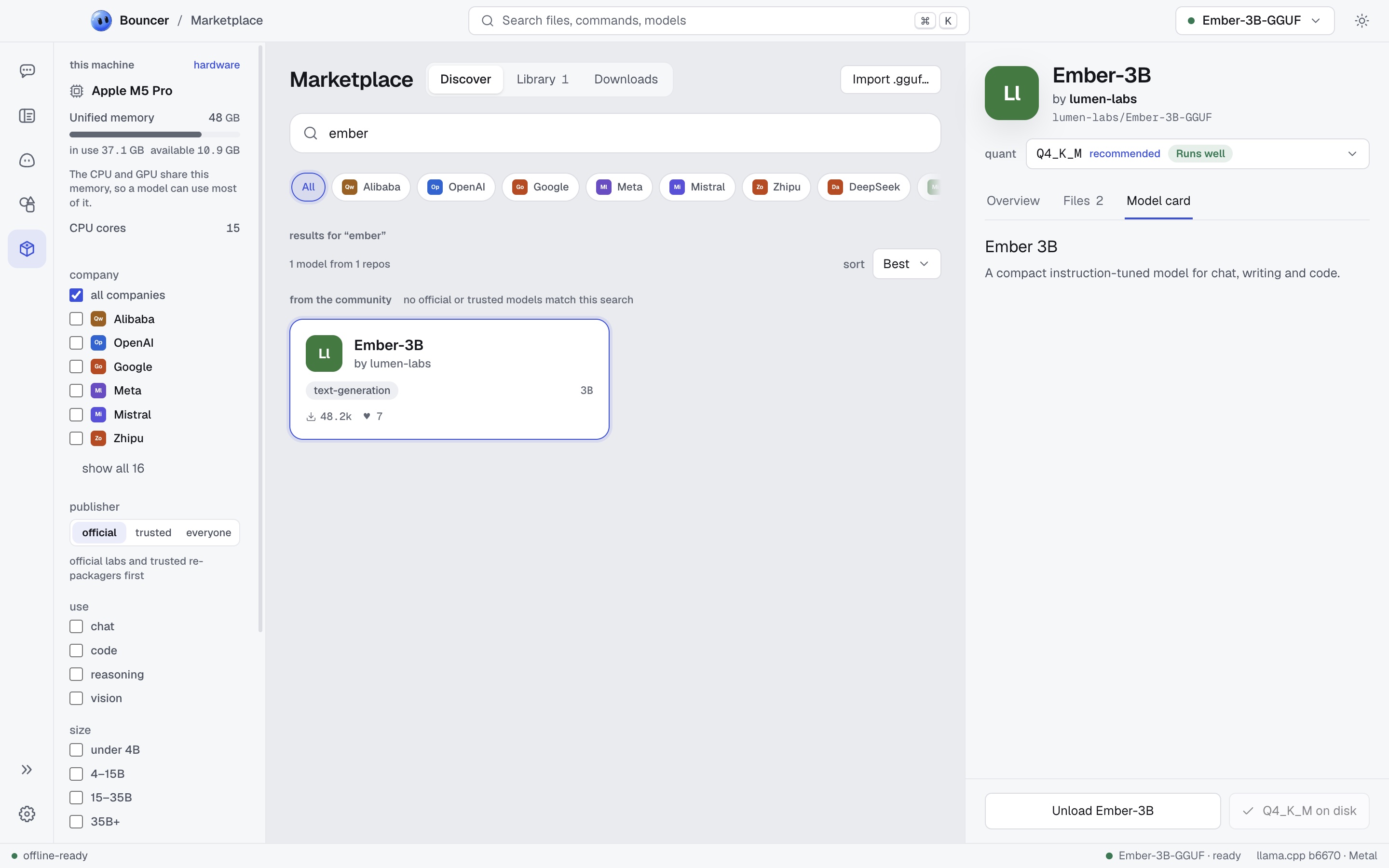 Marketplace model detail with the quant picker and the model card