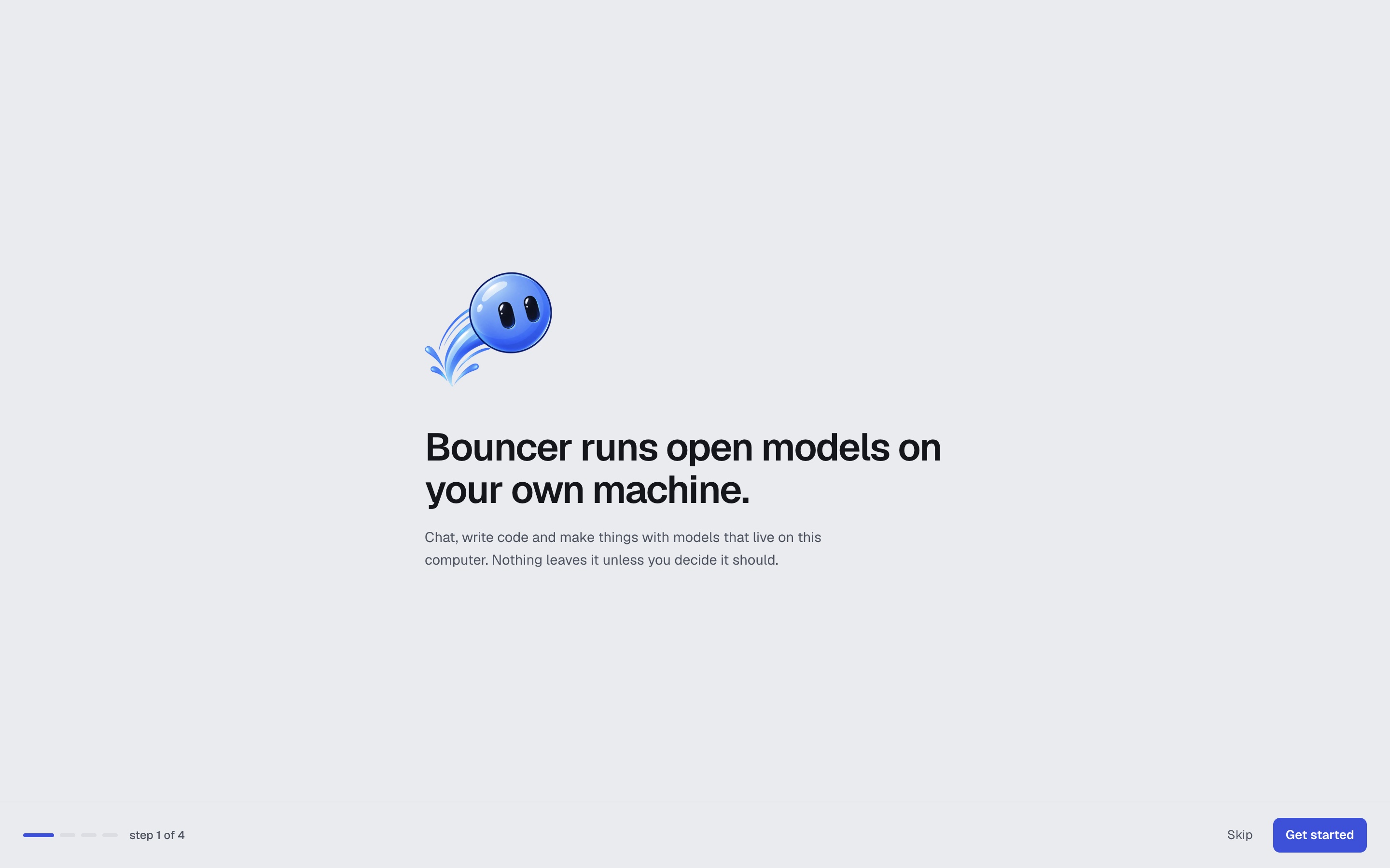 First-run onboarding, welcome step: the Bouncer orb and the headline
