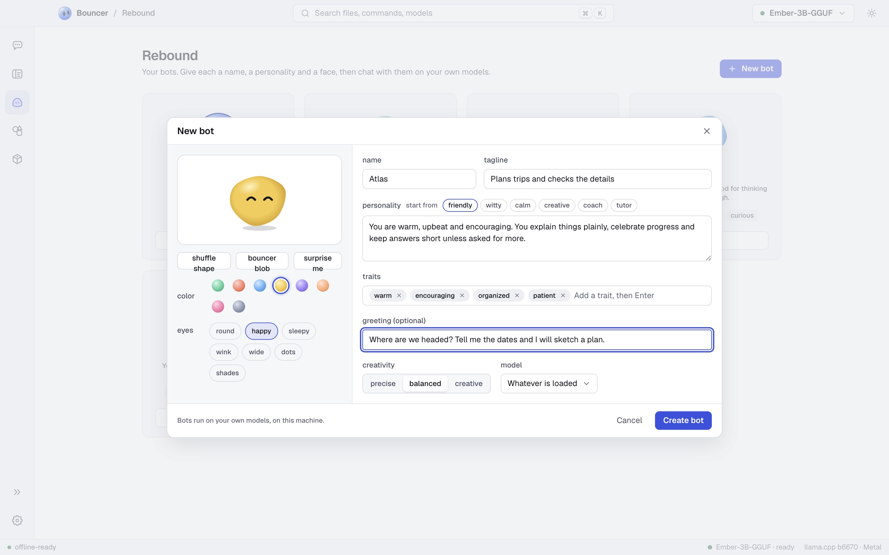 Rebound bot builder with the name, tagline, personality, traits and face fields